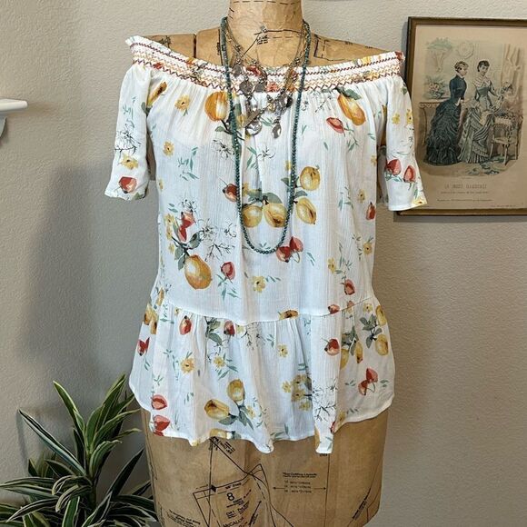 Maurices Lemon Floral Fruit White Yellow Smocked Ruffle Off shoulder Blouse XS - Picture 1 of 8